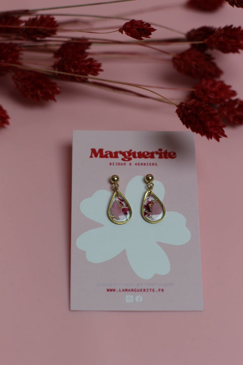 Boucles d’oreilles goutte en résine & fleurs séchées – Rose