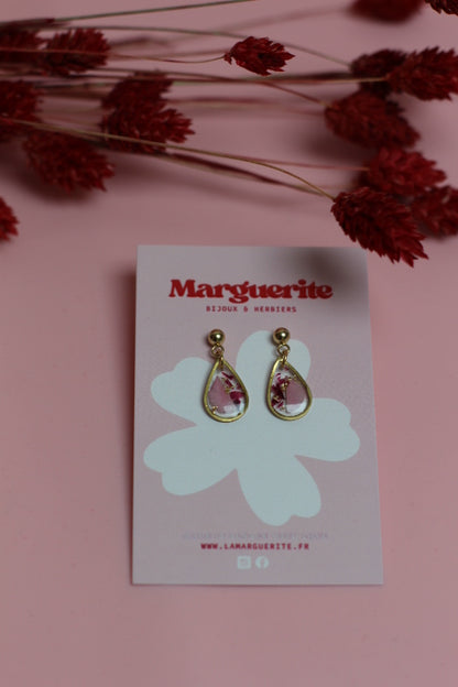 Boucles d’oreilles goutte en résine & fleurs séchées – Rose
