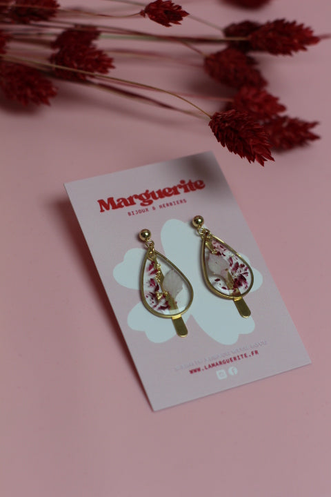 Boucles d’oreilles goutte en résine & fleurs séchées – Rose