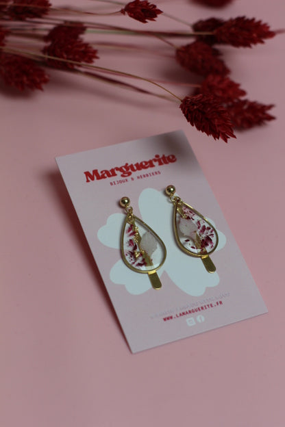 Boucles d’oreilles goutte en résine & fleurs séchées – Rose